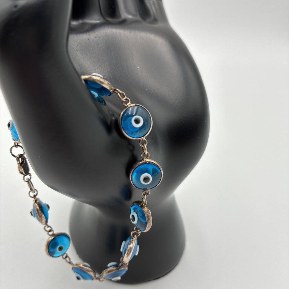 Sterling Silver 925 Blue Glass Evil Eye Nazar Link Bracelet 7.25"